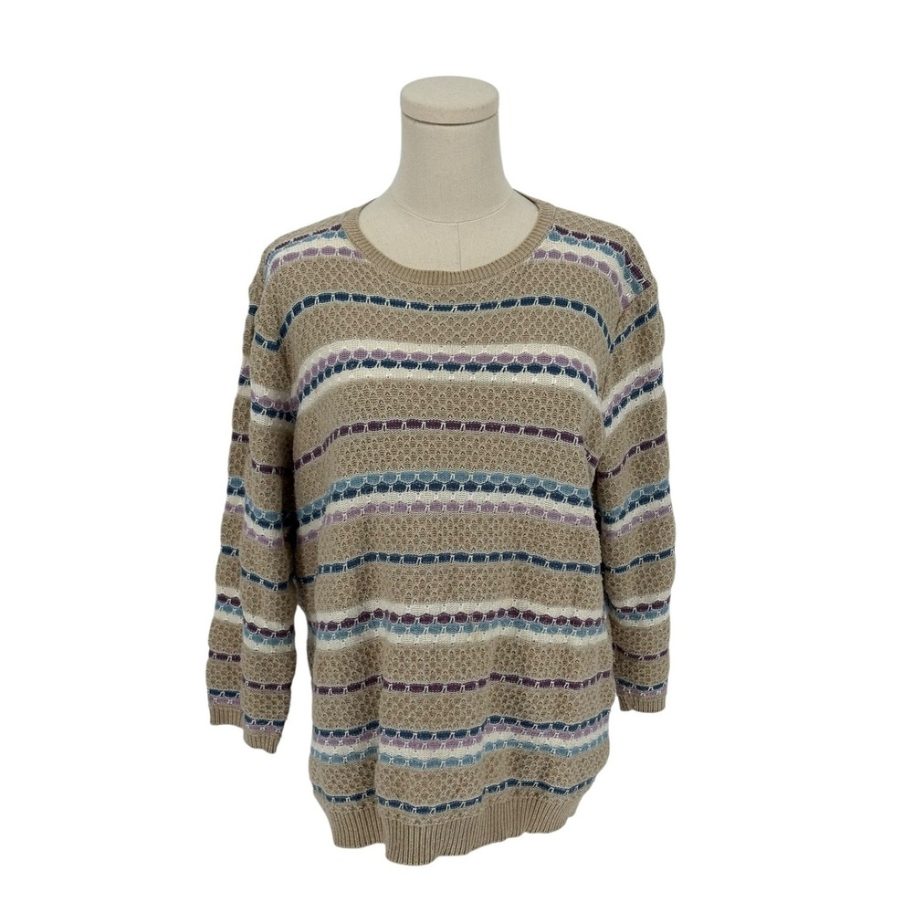 Alfred Dunner Tan Knit Sweater w/ 3/4 Sleeves & White, Blue, & Purple Stripes XL